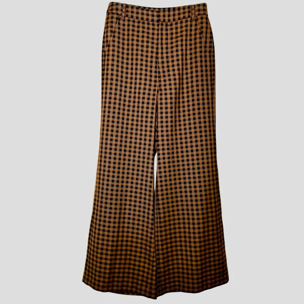 Free People NWT $128 High Rise Flare Mott Street cropped trousers 0 gingham